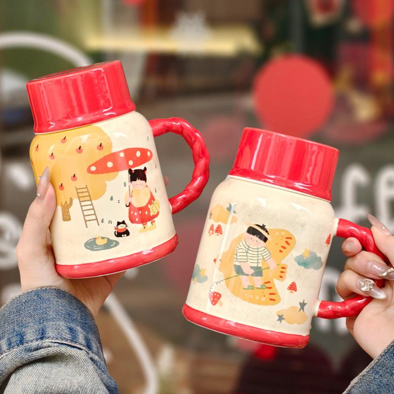 Cute high-value milk fufu kettle girls large-capacity ceramic mug with lid spoon birthday gift souvenir