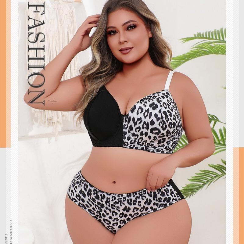 Sexy Plus Size Women's Leopard Print Splicing Underwear Set Gathered Suspenders Bra and Panties Two-piece Set