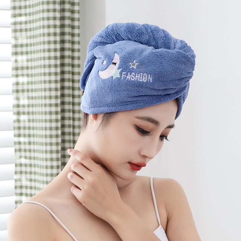 Absorbent Coral Fleece Hair Cap – Thick Double-Layer Shower Cap with Cute Embroidery for Hair Care