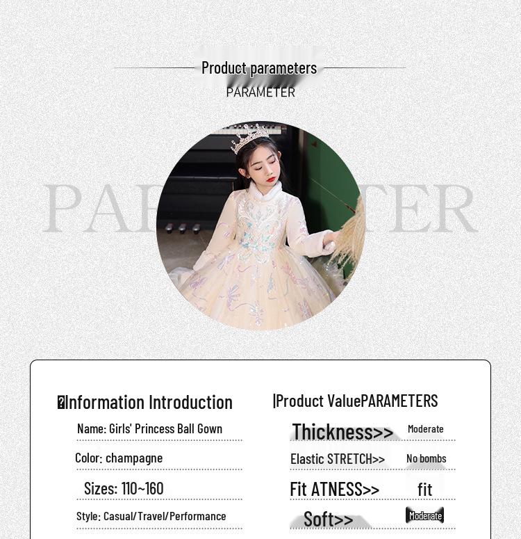 Autumn & Winter Thickened Girls' Birthday Princess Dress - Flower Girl, Wedding Host, Piano Performance Costume