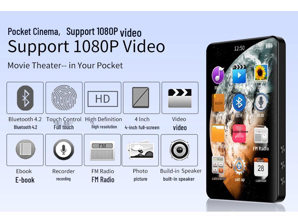 4.0-inch Full-Screen Bluetooth MP3/MP4 Music Player, Lossless Student Edition