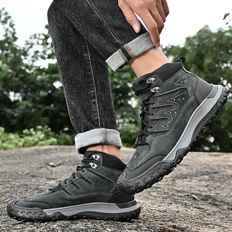 New High Top Mens Sneakers Outdoor Fashion Male Basic Boots Comfy Motocross Boots Genuine Leather Travel Camping Male Footwear