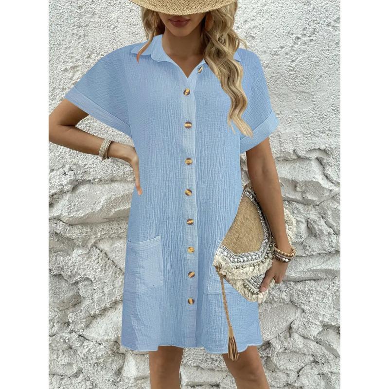 BITCED Fashion Summer Spring Solid Color Print Short Sleeve POLO-Neck Casual Dresses Unique Design