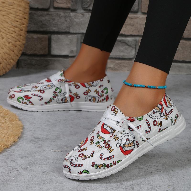 European and American Christmas Graffiti Single Shoes 2024 Autumn New Lace Up Casual Flat Shoes Large 35-43 Vulcanized Shoes