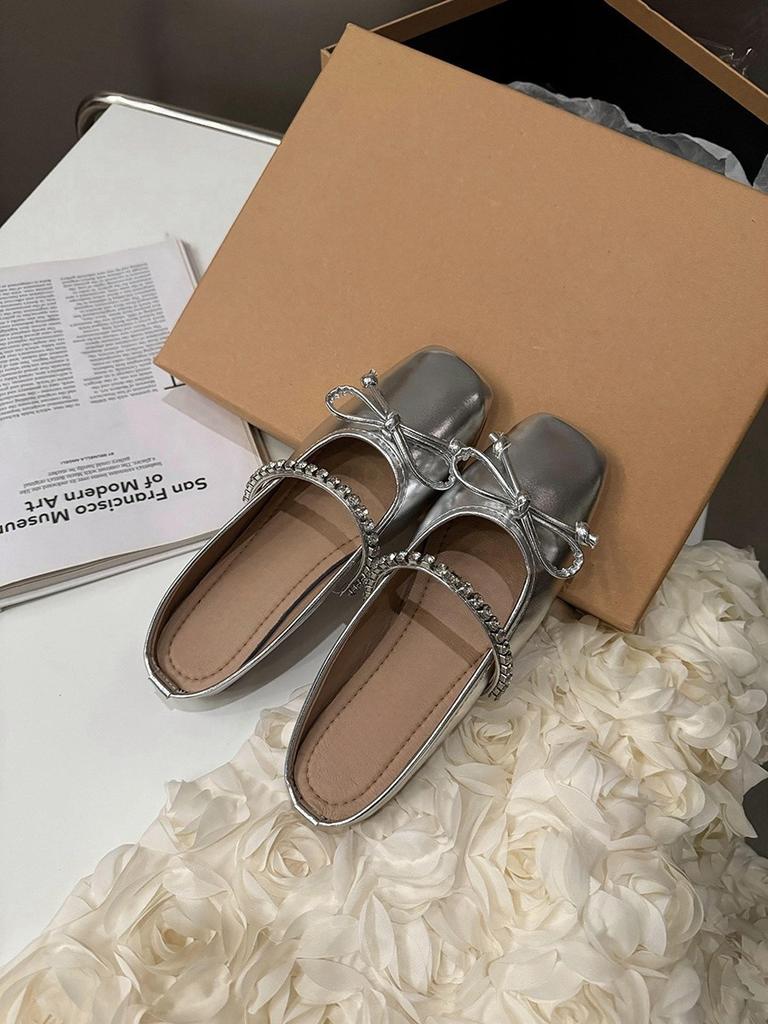 Flache Sohle Silber sanfte Tasche Kopf Halbschuhe Feenschuhe tragen neu Frühling Schleife einzelne Schuhe