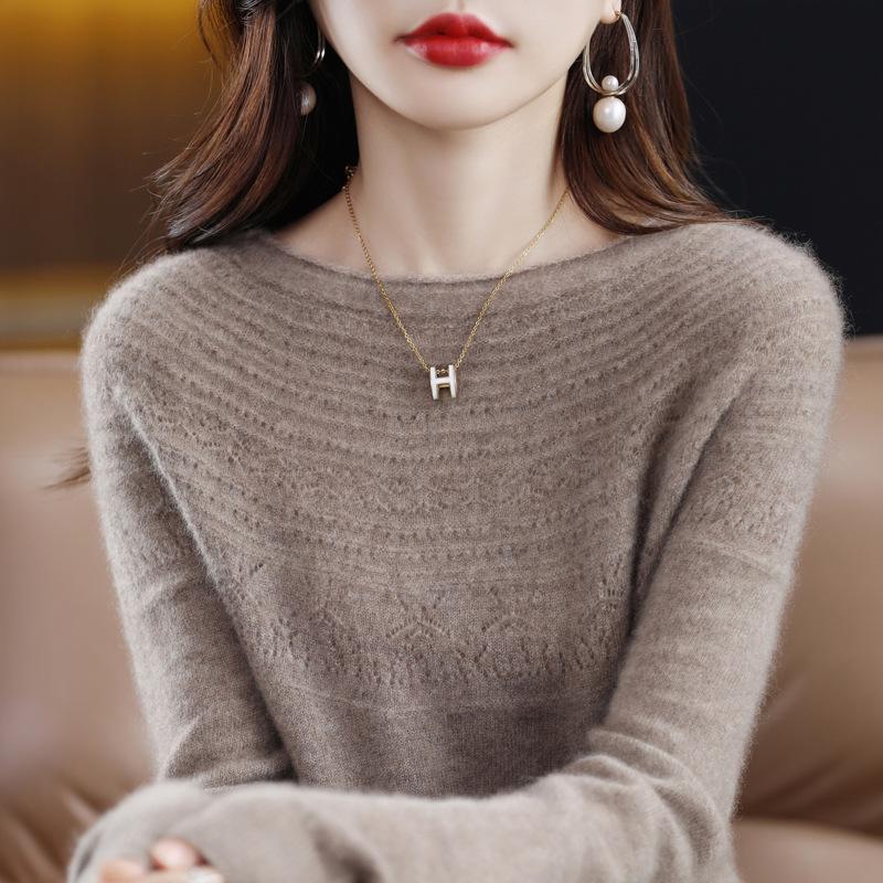 One-line Ready-to-wear Rolled Round Neck Hollow Cardigan for Women In Autumn and Winter Loose and Versatile Cashmere Knitted Base Shirt Top