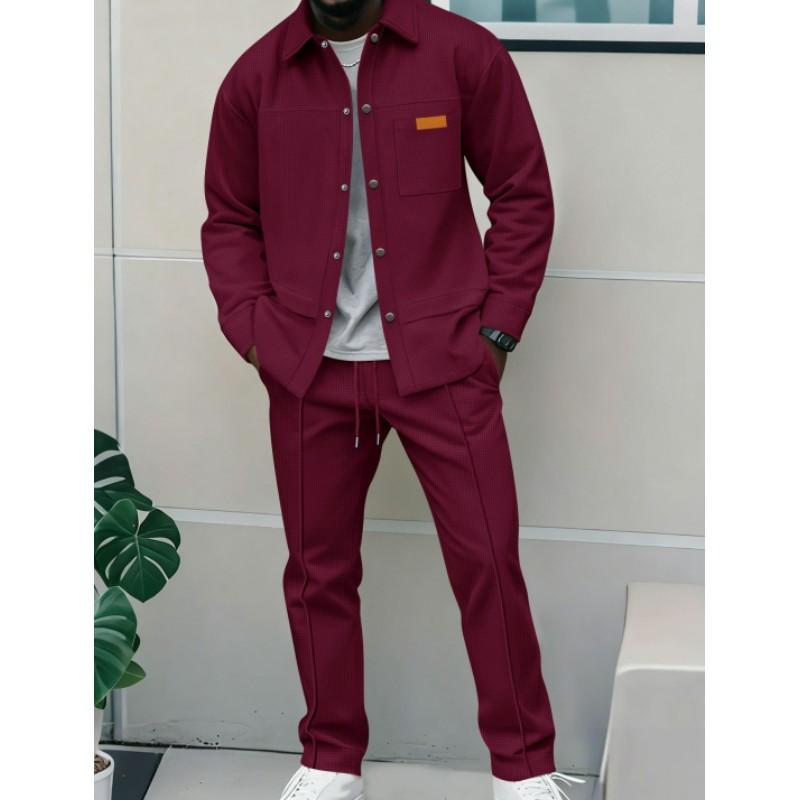 Men'sSpring and Autumn Waffle Pure Color Placket Pocket Jacket + Pants Set - A Casual Two-Piece Outfit