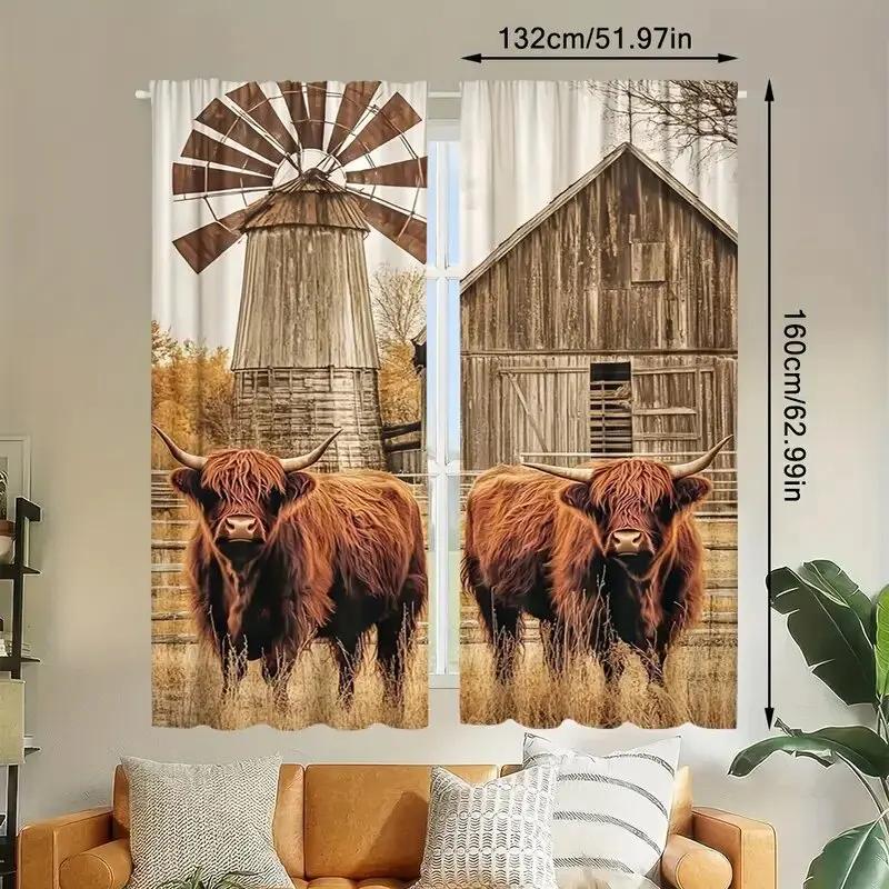 Set Of 2 Farmhouse Style Ox Pattern Printed Curtains Window Decoration Home Room Curtain Polyester