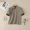 ZANZEA Women Casual Stand Collar Short Sleeve Summer Grid Print Blouse