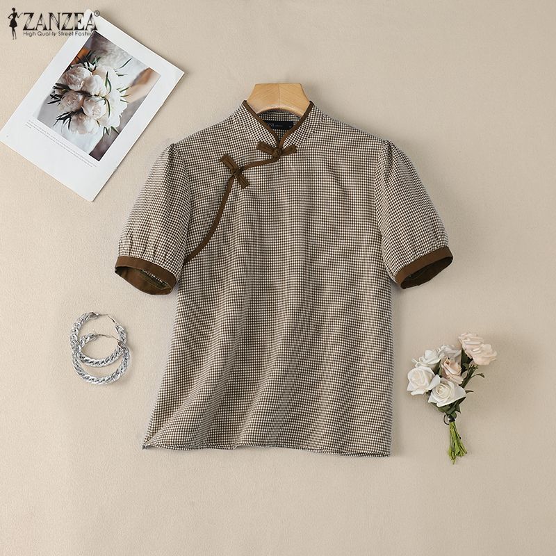 ZANZEA Women Casual Stand Collar Short Sleeve Summer Grid Print Blouse