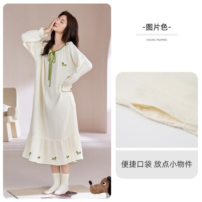 Pajamas Women Spring And Autumn Pure Cotton Long-Sleeved Medium And Long Skirts Cute Fairy Style Pajamas Gauze Can Be Worn Outside