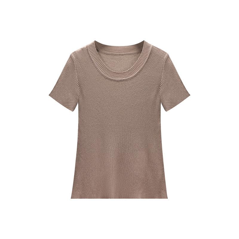 Thin solid color knitted short-sleeved t-shirt women's versatile slim-fit summer bottoming shirt round neck slim new ins trendy top