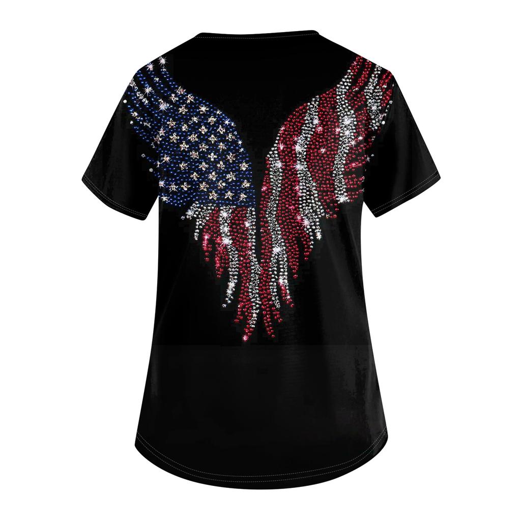 Women's V-neck Independence Day Print Short-sleeved Pocket Side-opening Protective Work Shirt