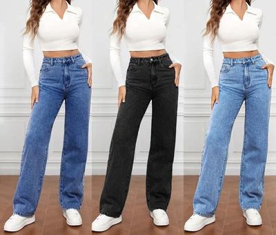 Women's Denim Jeans Straight Pants Washing High Waist Loose Pockets Basics Ankle Length Pants Streetwear Slight Strech