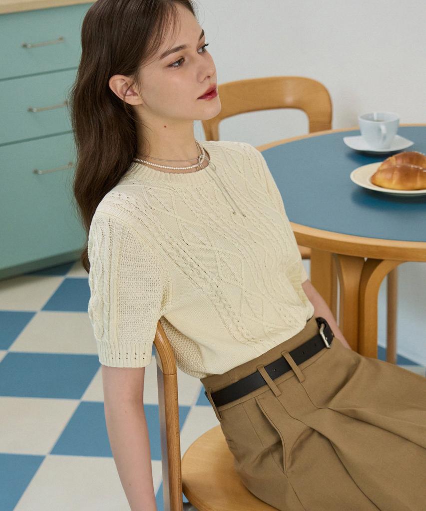 Deuloupisumeon Scalloped Cable Short Sleeve Knit [Sky Blue]