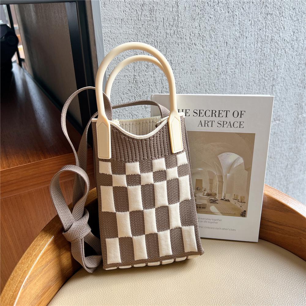Plaid Cartoon Women's Crossbody Mini Bag: Cute, Lightweight, Knitted Phone Holder for Parent-Child Matching (2024)