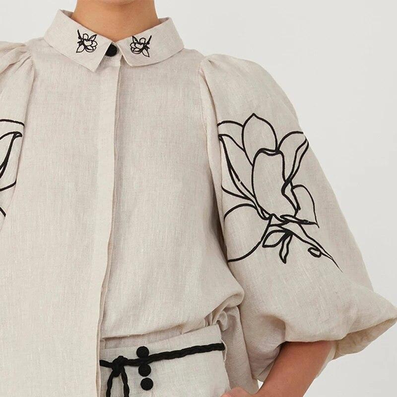 Women's Set Printed Pants Set Vintage Bubble Sleeves Flip Collar Shirt Pleated Wide Leg Pants Set