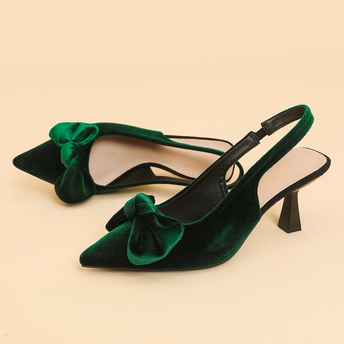 

Женские босоножки большого размера на тонком каблуке с острым носком, летние повседневные босоножки на шпильке с бантом, однотонные туфли 36-42 39 зелёный