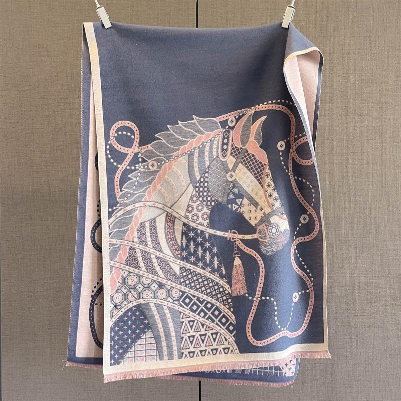 Autumn and Winter New Imitation Cashmere Scarf Thickened and Lengthened Horse Printing Scarf Antique Versatile Shawl with Dual-purpose Outside