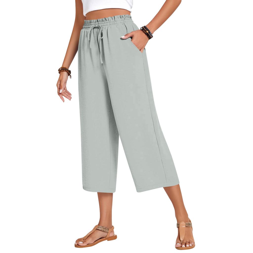Women's High Waist Wide Leg Pants with Drawstring Elastic Waist in Multiple Colors