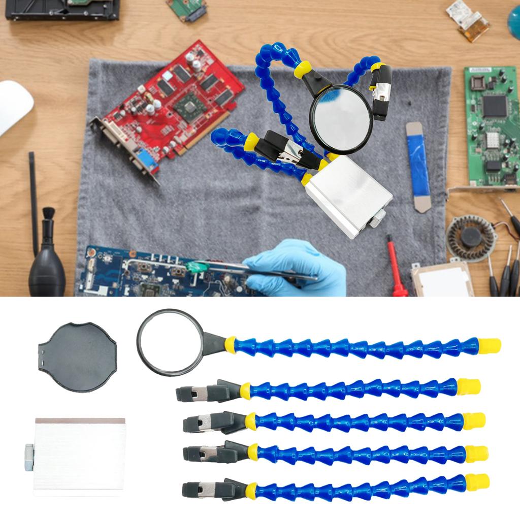 PCB Soldering Holder with 5X Magnifier & Base Multi-Function Workbench Tool Flexible Arms Soldering Tool for Soldering/Repairing