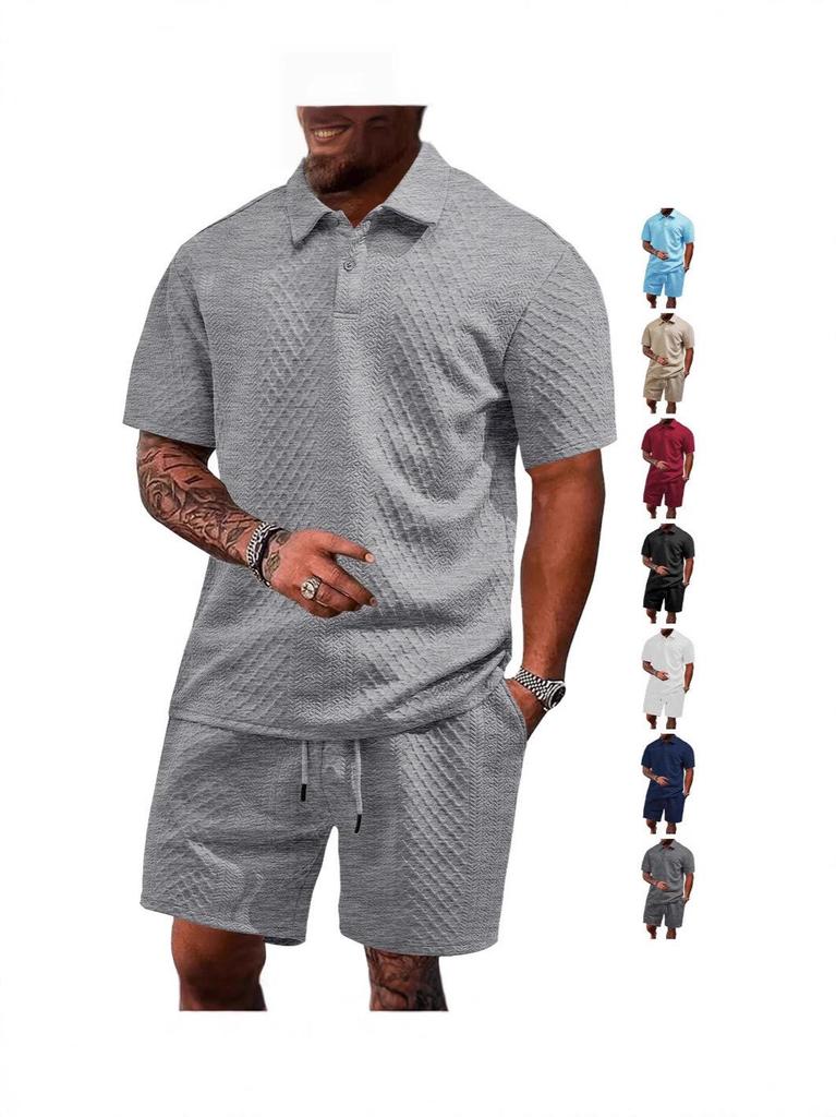 Men's Summer Jacquard Button Lapel Short Sleeve Polo Shirt & Shorts Set