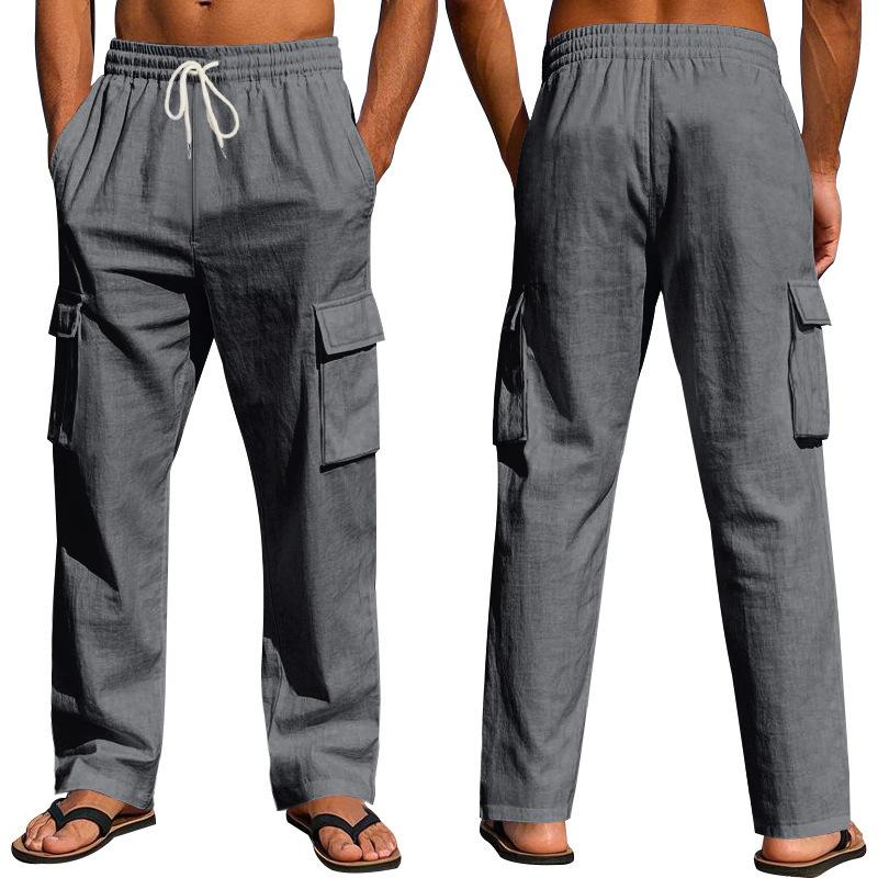 Men's new four seasons thin section breathable workwear multi-pocket loose casual trend wide-leg trousers