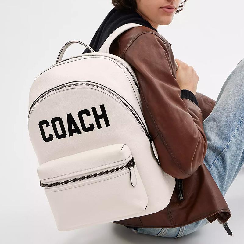 Coach Charter 29 Double Zipper Soft Polished Pebble Leather Backpack Large Men backpack Chalk-White CP123-CAH