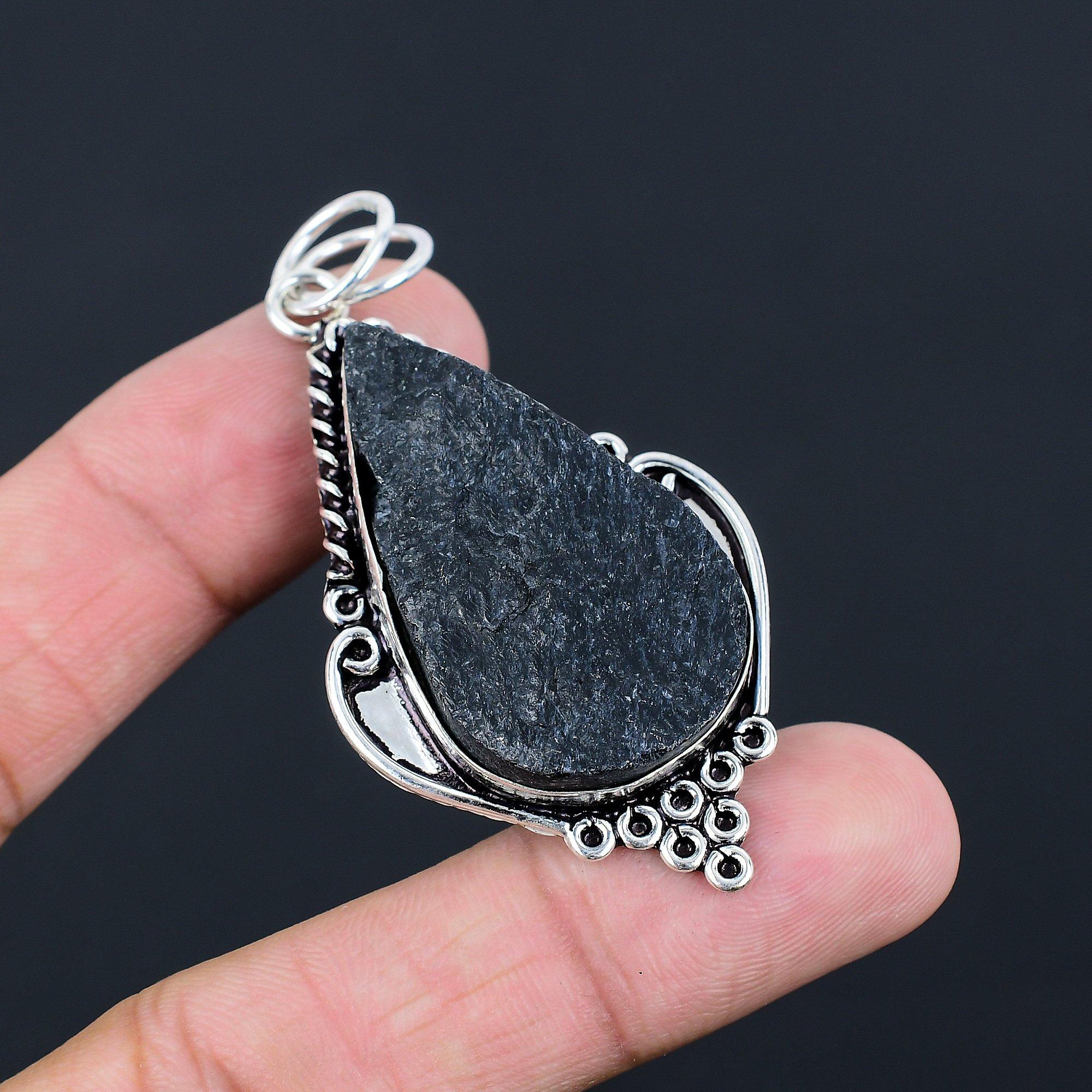 Pear Black Tourmaline Rough Stone Sister Bezel Birthday Pendant Sterling Silver