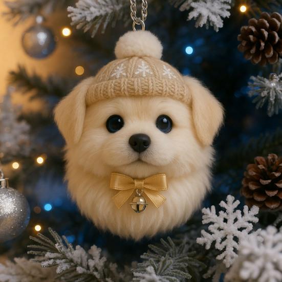 Pompon Haustier Ornament 2D Acryl Niedlicher Hund Weihnachtsschmuck Cartoon Fellförmiges Haustier Weihnachtsbaum Hängedekor für Feiertags-Partyzubehör