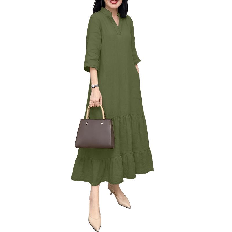 

ZANZEA Женское свободное повседневное платье с V-образным вырезом, однотонное, с рукавами 3/4, длинное XL зелёный