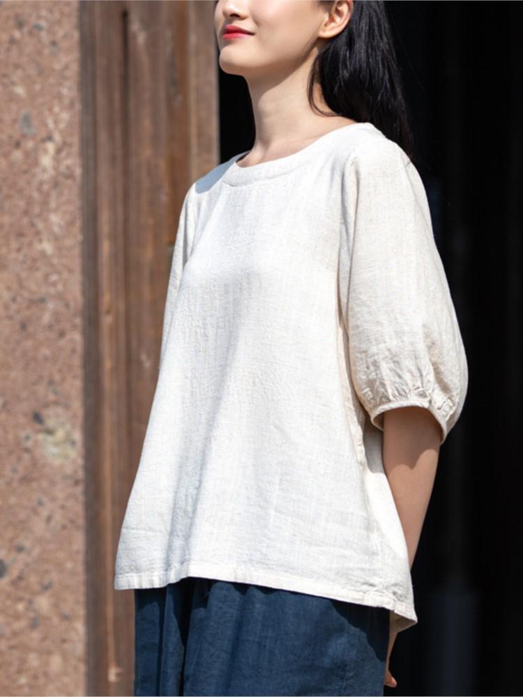 Johnature Women Solid Color Linen TShirts Tops Summer Casual Clothes Female Half Sleeve Tshirts Tees
