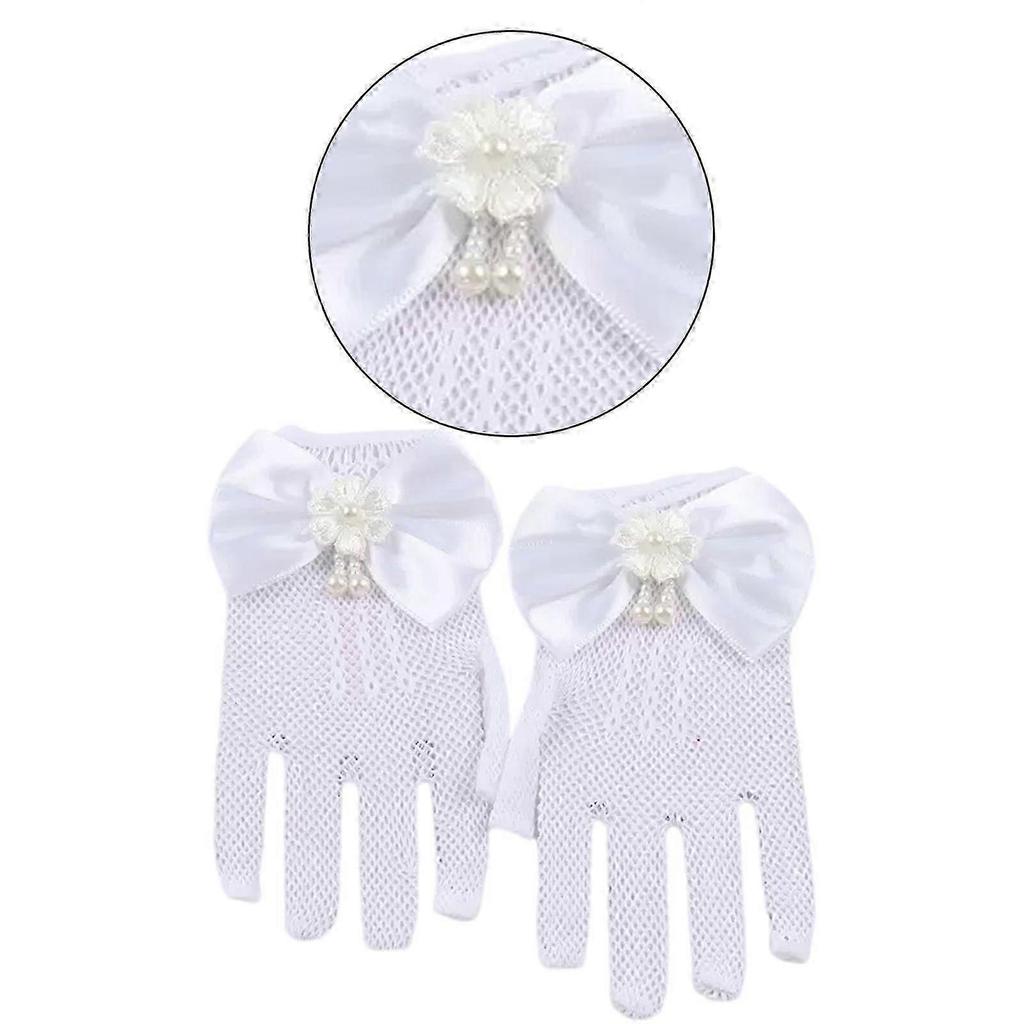 Bowknot Flower Lace Gloves for Girls Comfortable Short Gloves for School Girl Dancing Parties and Formal Occasion Wear