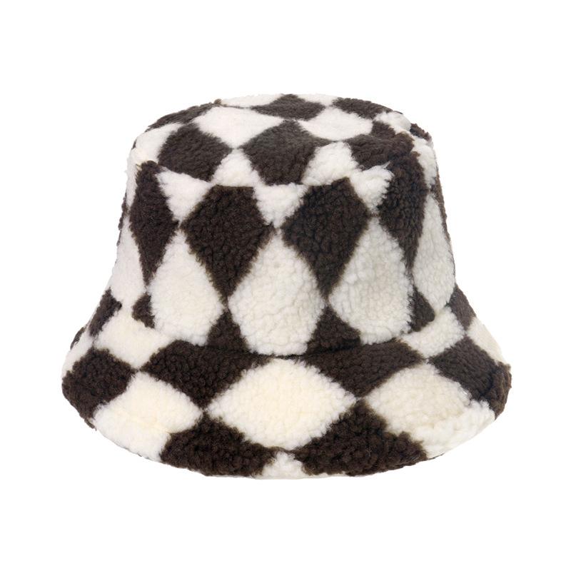 Spot 2025 autumn and winter Europe and America new warm geometric rhombus lattice bucket hat lamb wool pot hat foreign trade