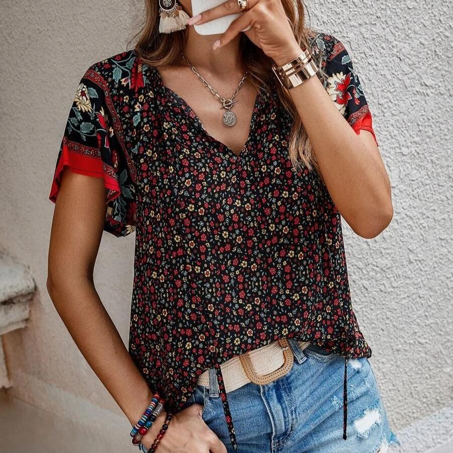 

2025 женская летняя новая повседневная рубашка свободного кроя с коротким рукавом и V-образным вырезом 2XL кофейный