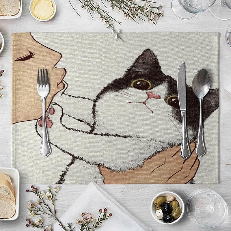 

40x30cm Linen Cat Print Table Mat Cute Cat Cartoon Animal Pattern Placemats For Children Kids Kitchen Dining Place Mats Pads 30X45cm-4pcs