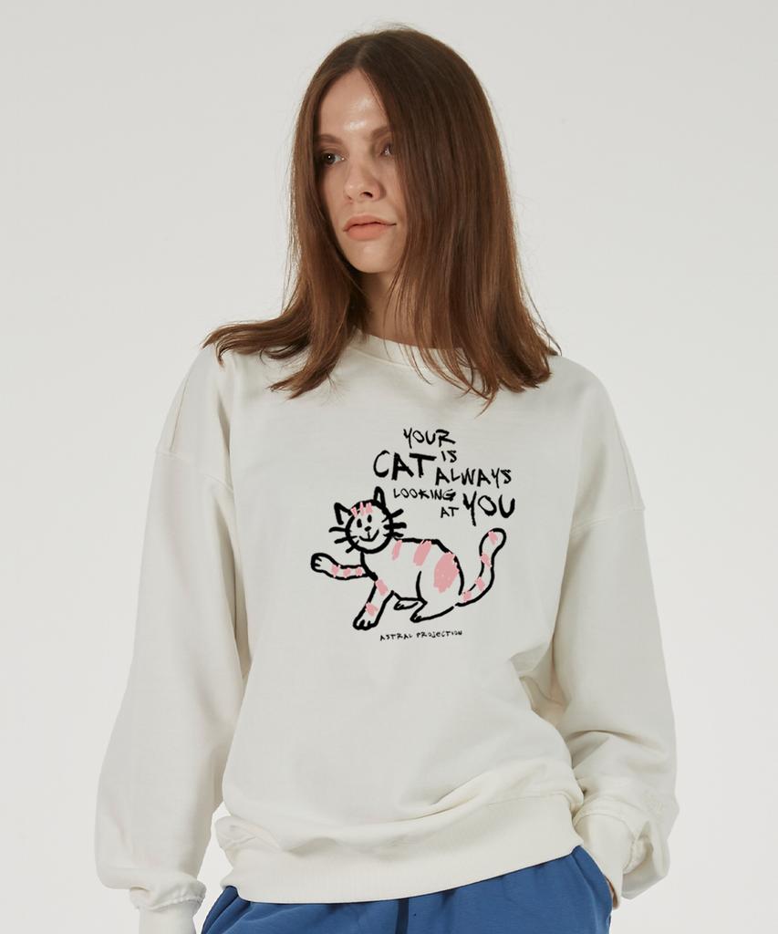 ASTRAL PROJECTION Doodle Cat Oversized Drop Shoulder Sweatshirt_White