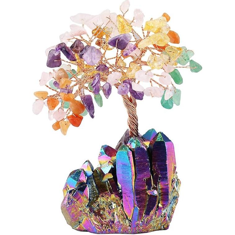 mookaitedecor Amethyst Crystal Tree, Quartz Cluster Rainbow Titanium Crystals Base Bonsai Money Tree for Wealth and Luck