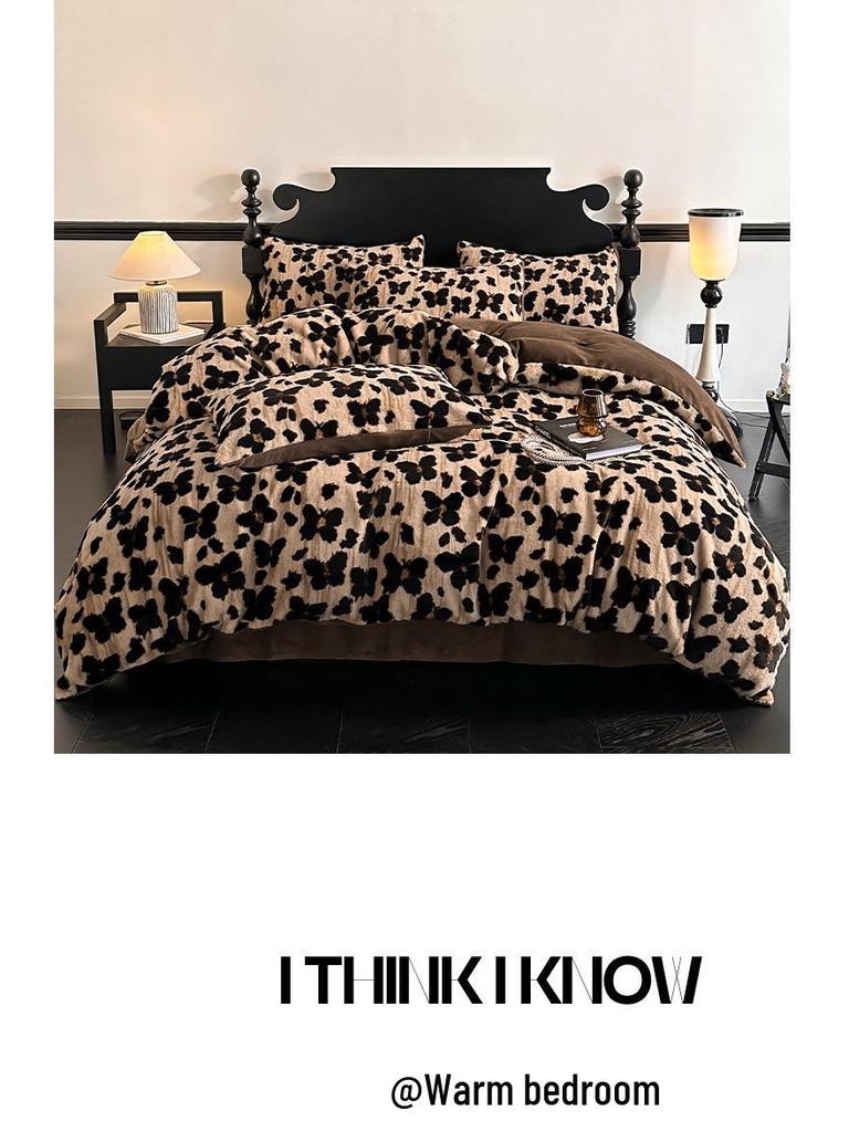 Premium Leopard Print Velvet Fleece 4-Piece Set: Winter Stain-Resistant, Double-Sided Coral Fleece, Warm Duvet Cover Bed