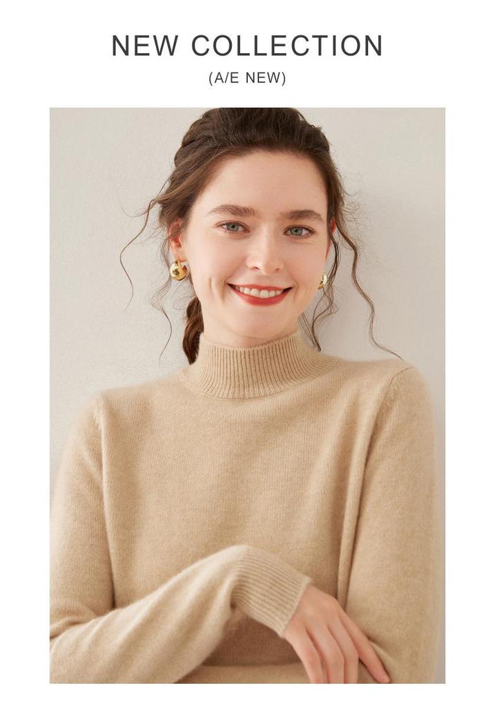 Women's Cashmere Knit Sweater - Soft, Warm, Long Sleeve Half-High Neck for Autumn & Winter