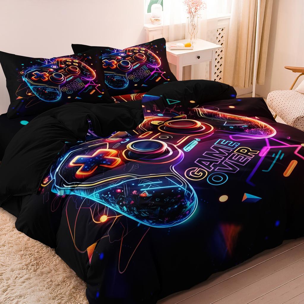 3pcs Set, Neon Cool Game Controller Duvet Cover Set, All-Season Home Dormitory High-Definition Printed Gaming Bedding Set
