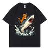 Cat Riding Shark Funny Meme Graphic T Shirts Summer Fashion Oneck Short Sleeve Tshirts Unisex Unisex Casual Loose Cotton Tshirt