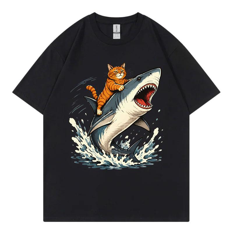 Cat Riding Shark Funny Meme Graphic T Shirts Summer Fashion Oneck Short Sleeve Tshirts Unisex Unisex Casual Loose Cotton Tshirt