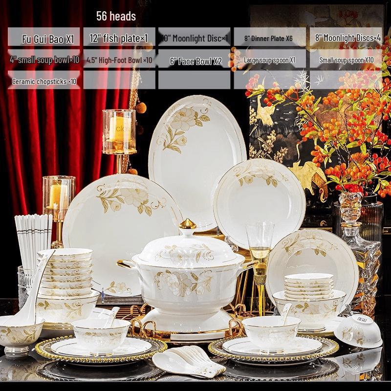 Light Luxury Phoenix Bone China 56-Piece Dinnerware Set