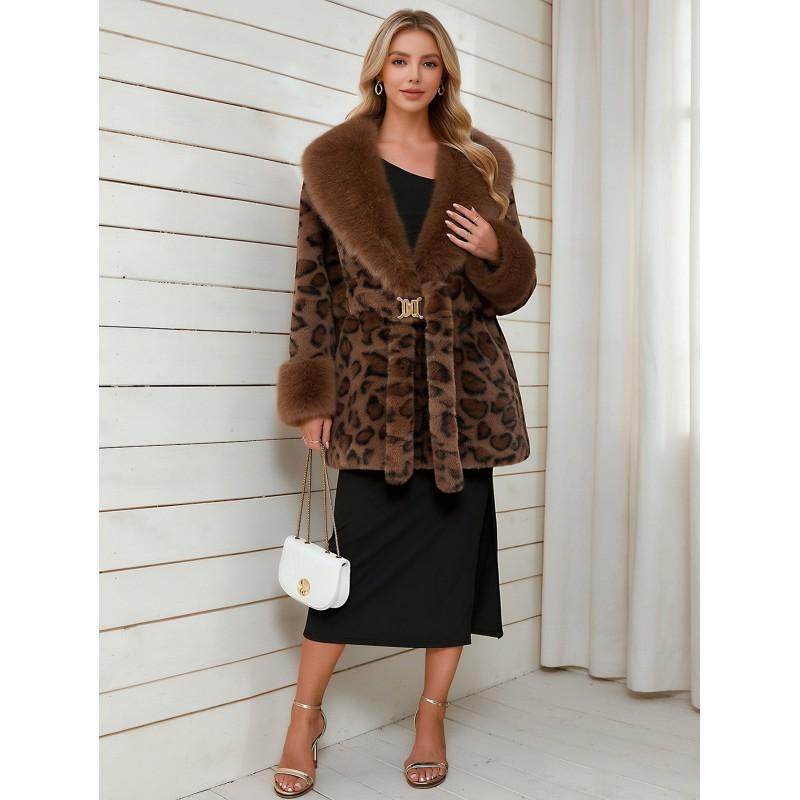 Womens Short Faux Fur Coat Leopard Print Belted Warm Leather Plush Outerwear