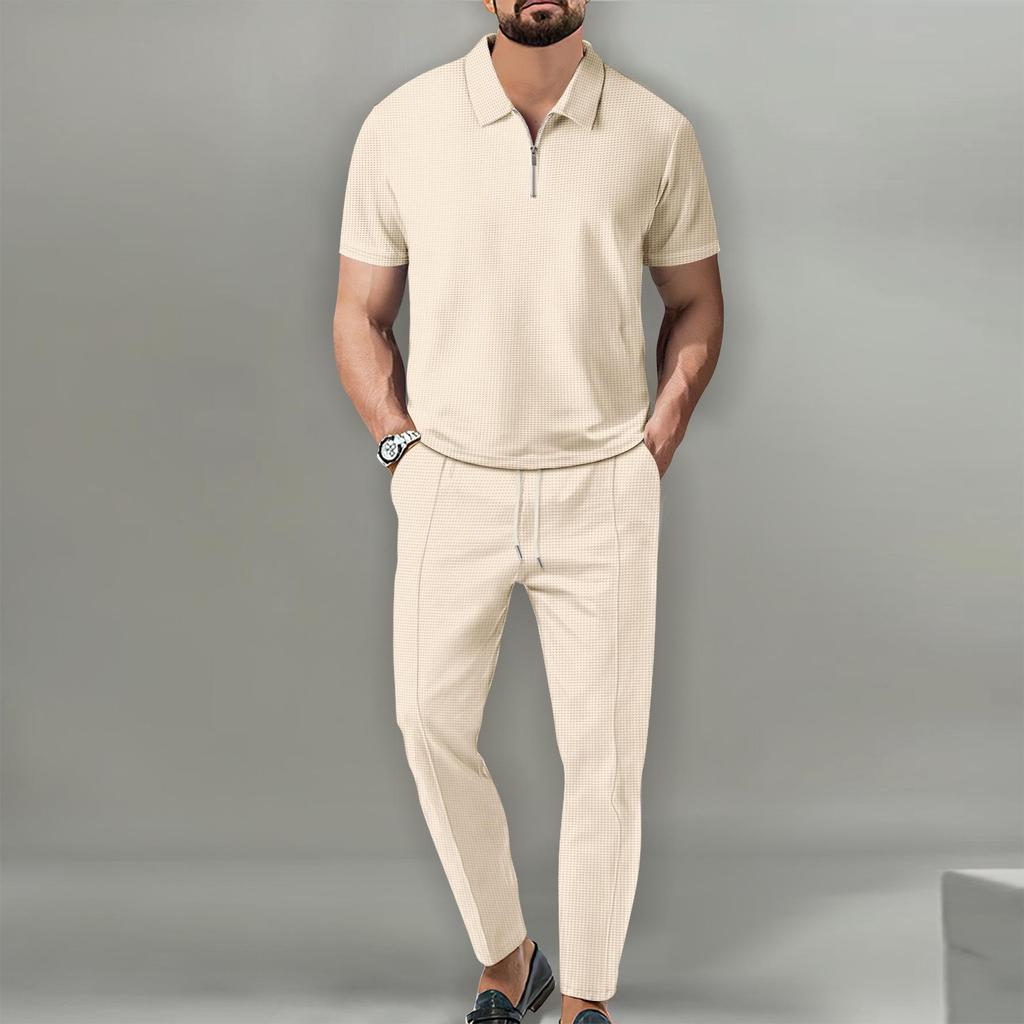 2025 Summer Men's Solid Color Waffle Knit Set with Turn-Down Collar Short Sleeve Top and Zipper Long Pants