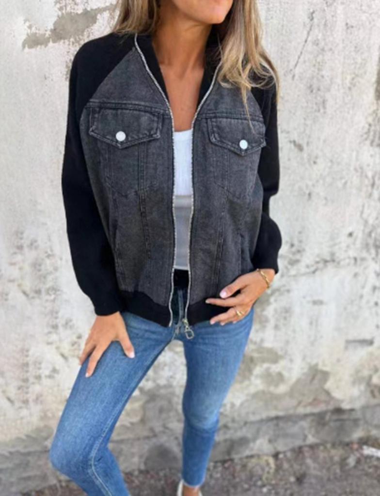 Denim Patchwork Knit Cardigan with Zipper Closure, Multiple Color Options