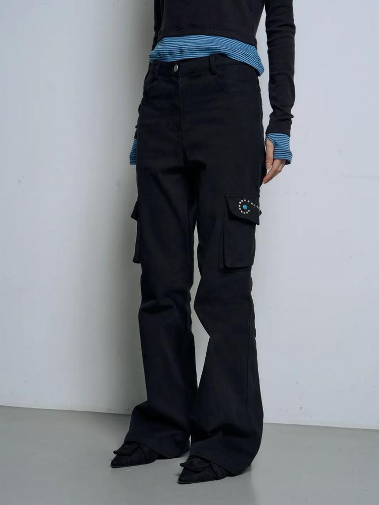 RAMEE Edge Pocket Cargo Bootcut Pants [Black, Charcoal]