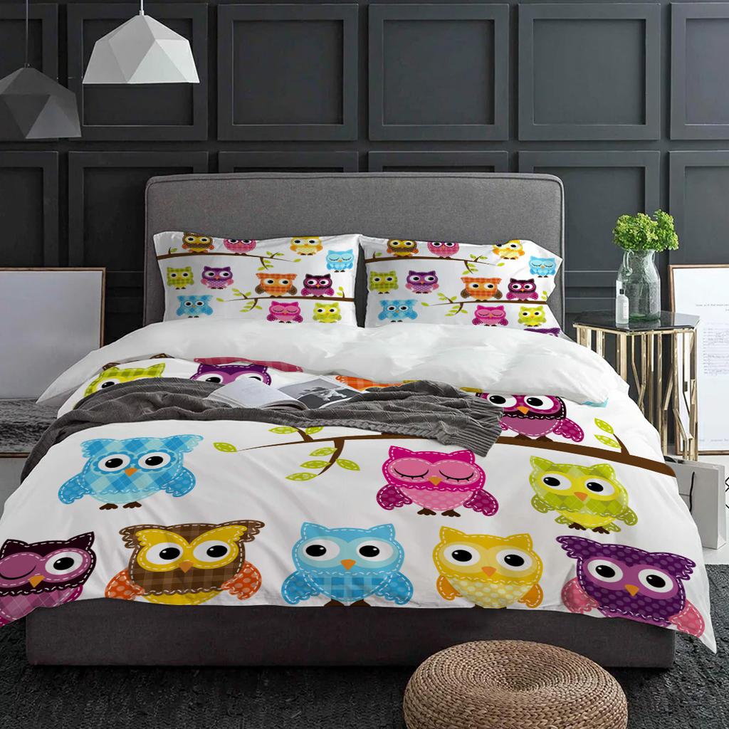 Cartoon Owl Animals Kawaii Bedding Set 3pcs Boys Girls Duvet Cover Pillowcase Kids Adult Quilt Cover Double Bed Set Home Textile