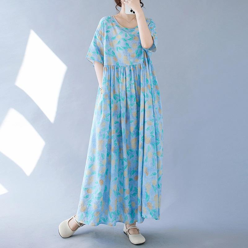 Short Sleeve Plus Size Cotton Vintage Floral New In Dresses for Women Casual Loose Long Summer Dress